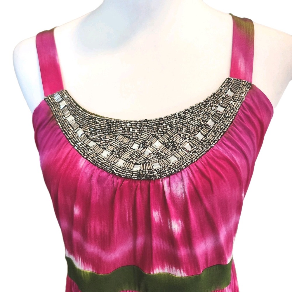 Madison Maxi Dress Womens Small Pink Green Tie Dye Beaded Neck Casual Boho Retro